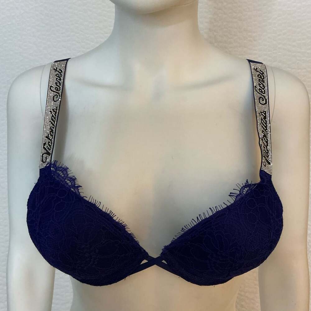Victoria's Secret Bombshell Push-Up Bra Size 32A Blue Lace Shine Strap